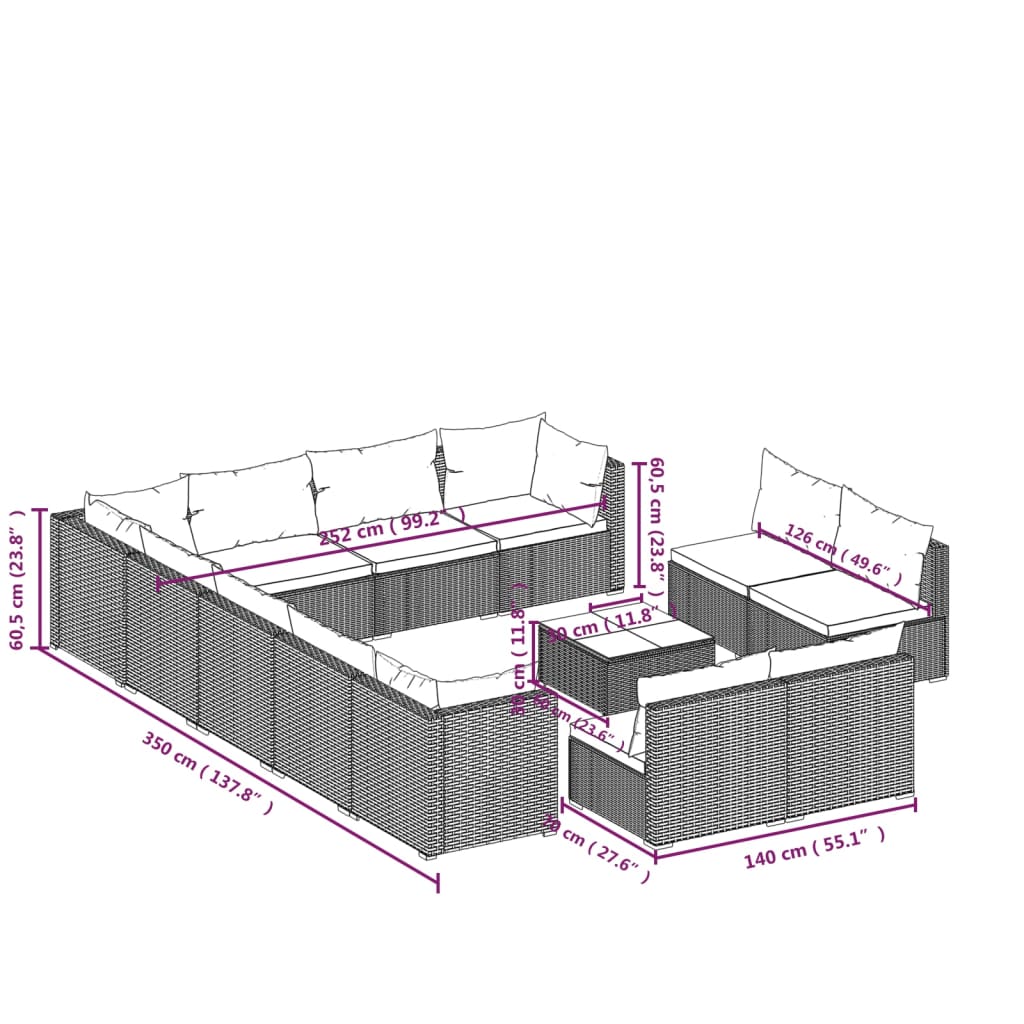 13 pcs conjunto lounge jardim c/ almofadões vime PE castanho