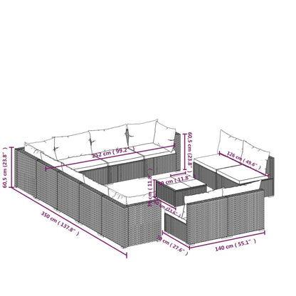 13 pcs conjunto lounge jardim c/ almofadões vime PE castanho