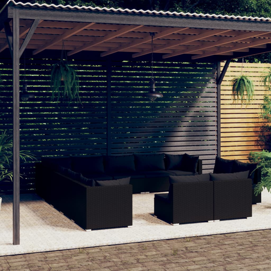 13 pcs conjunto lounge de jardim c/ almofadões vime PE preto