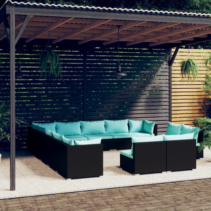 13 pcs conjunto lounge de jardim c/ almofadões vime PE preto