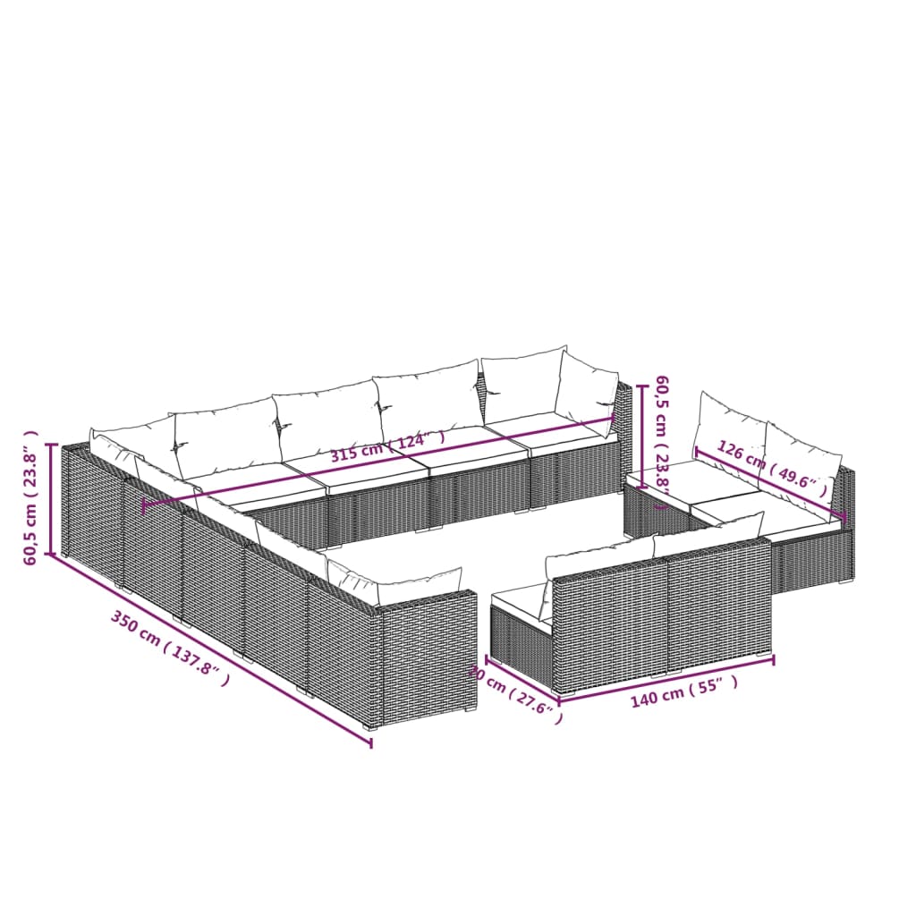 13 pcs conjunto lounge de jardim c/ almofadões vime PE castanho