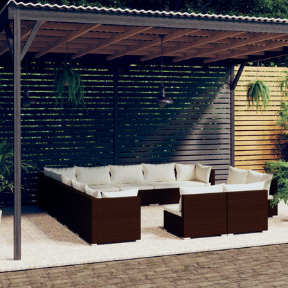 13 pcs conjunto lounge de jardim c/ almofadões vime PE castanho