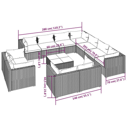 12 pcs conjunto lounge de jardim c/ almofadões vime PE preto