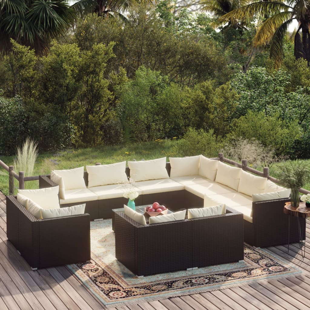 12 pcs conjunto lounge de jardim c/ almofadões vime PE preto