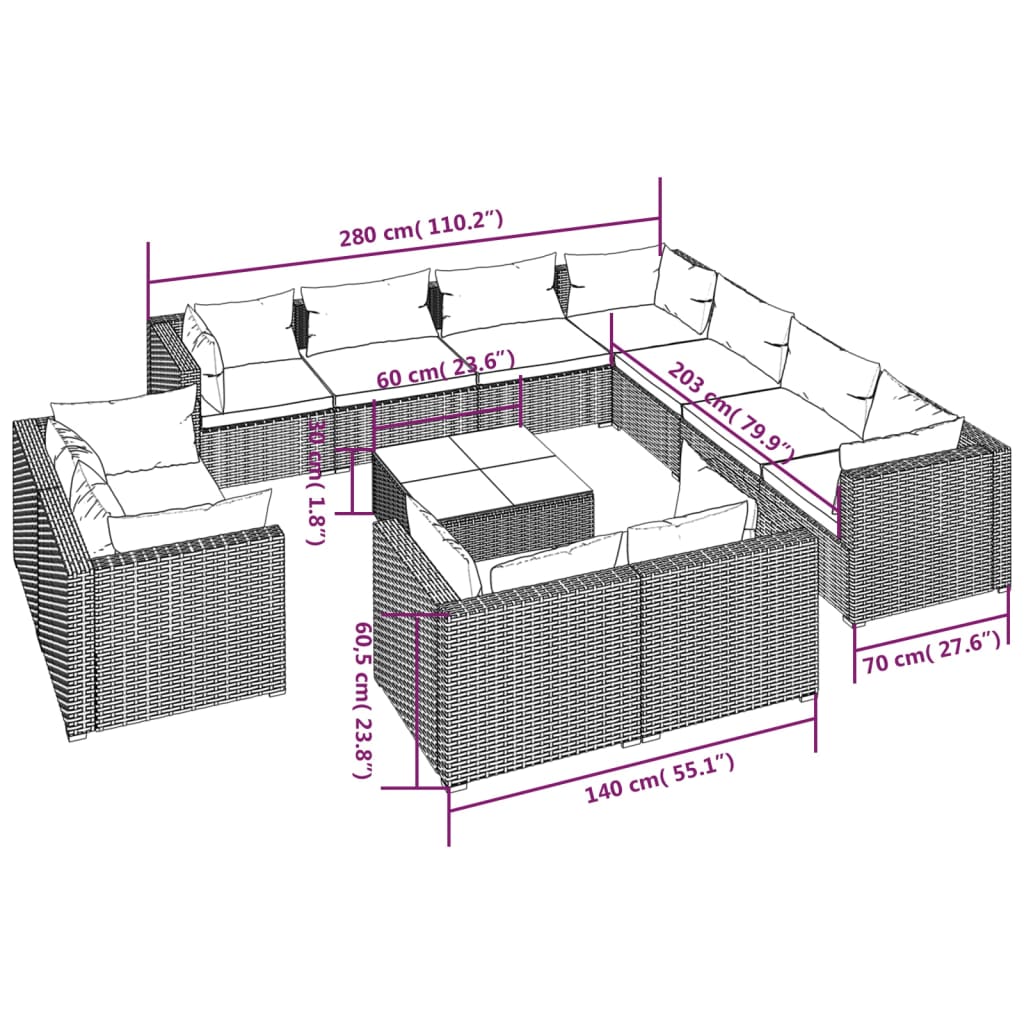 12 pcs conjunto lounge de jardim c/ almofadões vime PE castanho