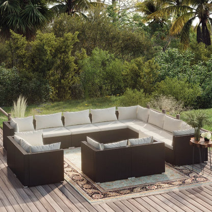 12 pcs conjunto lounge de jardim c/ almofadões vime PE preto