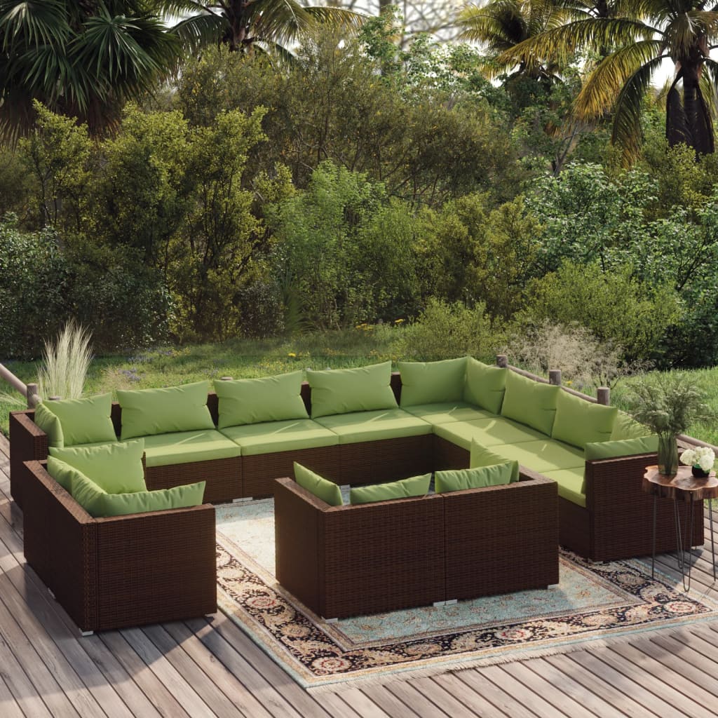 12 pcs conjunto lounge de jardim c/ almofadões vime PE castanho