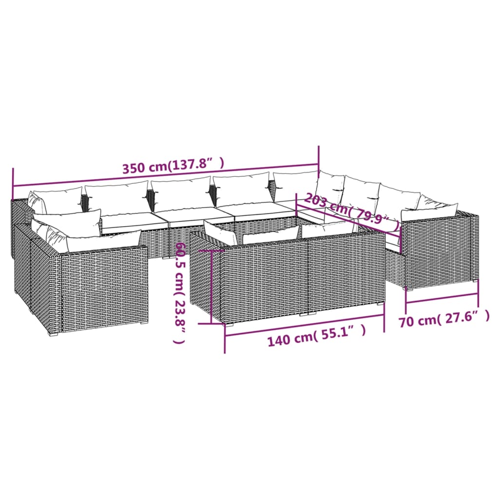 12 pcs conjunto lounge de jardim c/ almofadões vime PE cinzento