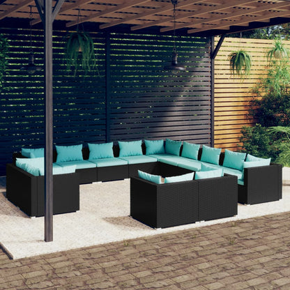 13 pcs conjunto lounge de jardim c/ almofadões vime PE preto