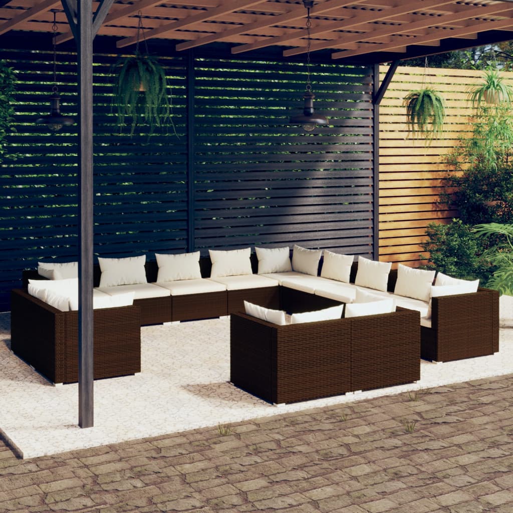 13 pcs conjunto lounge de jardim c/ almofadões vime PE castanho