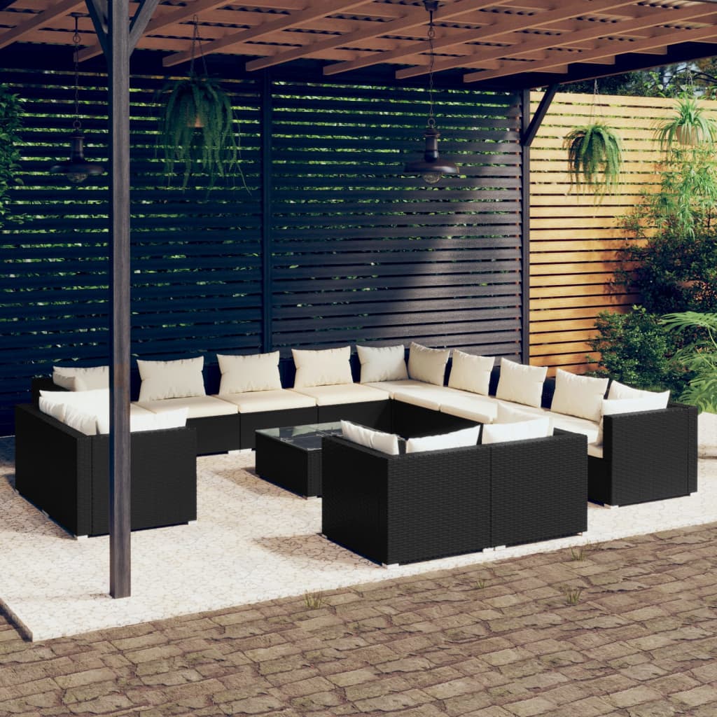 14 pcs conjunto lounge de jardim c/ almofadões vime PE preto