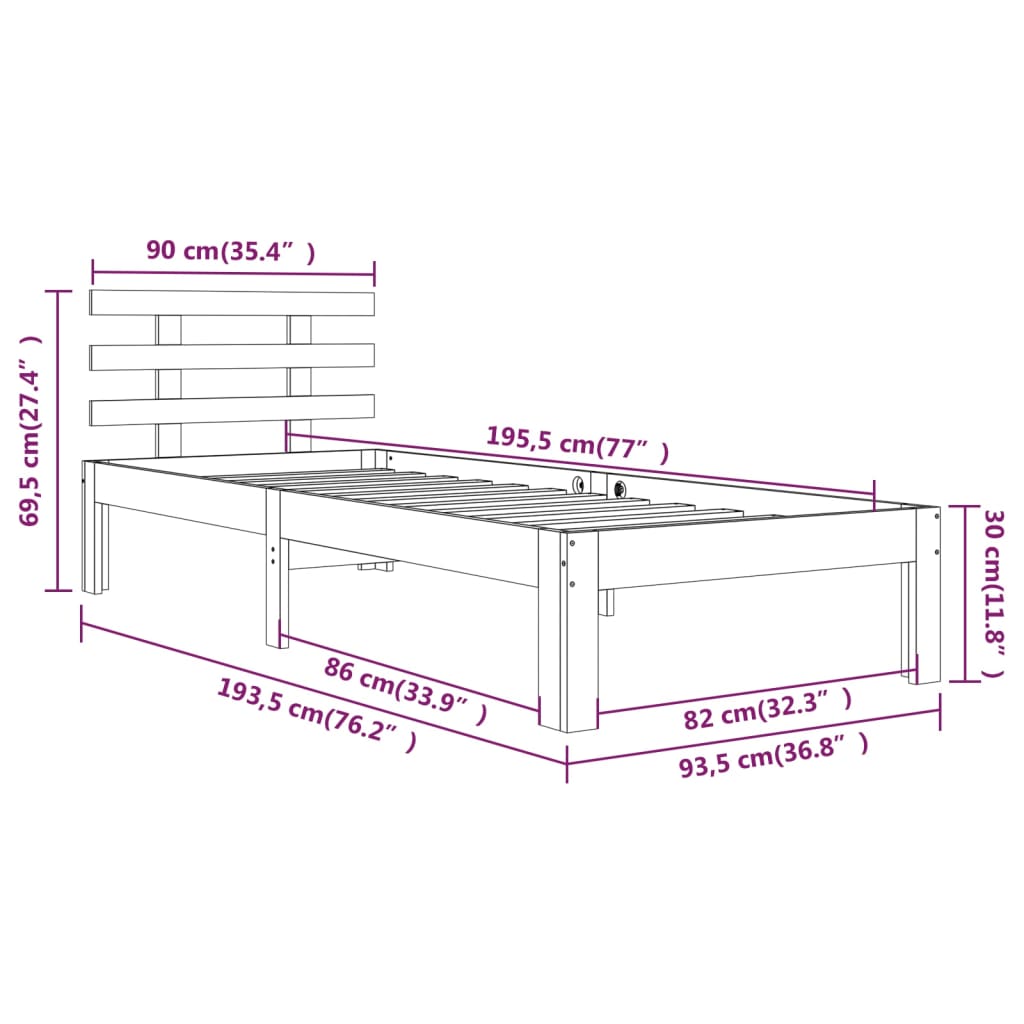 Estrutura de cama solteiro 90x190 cm madeira maciça branco