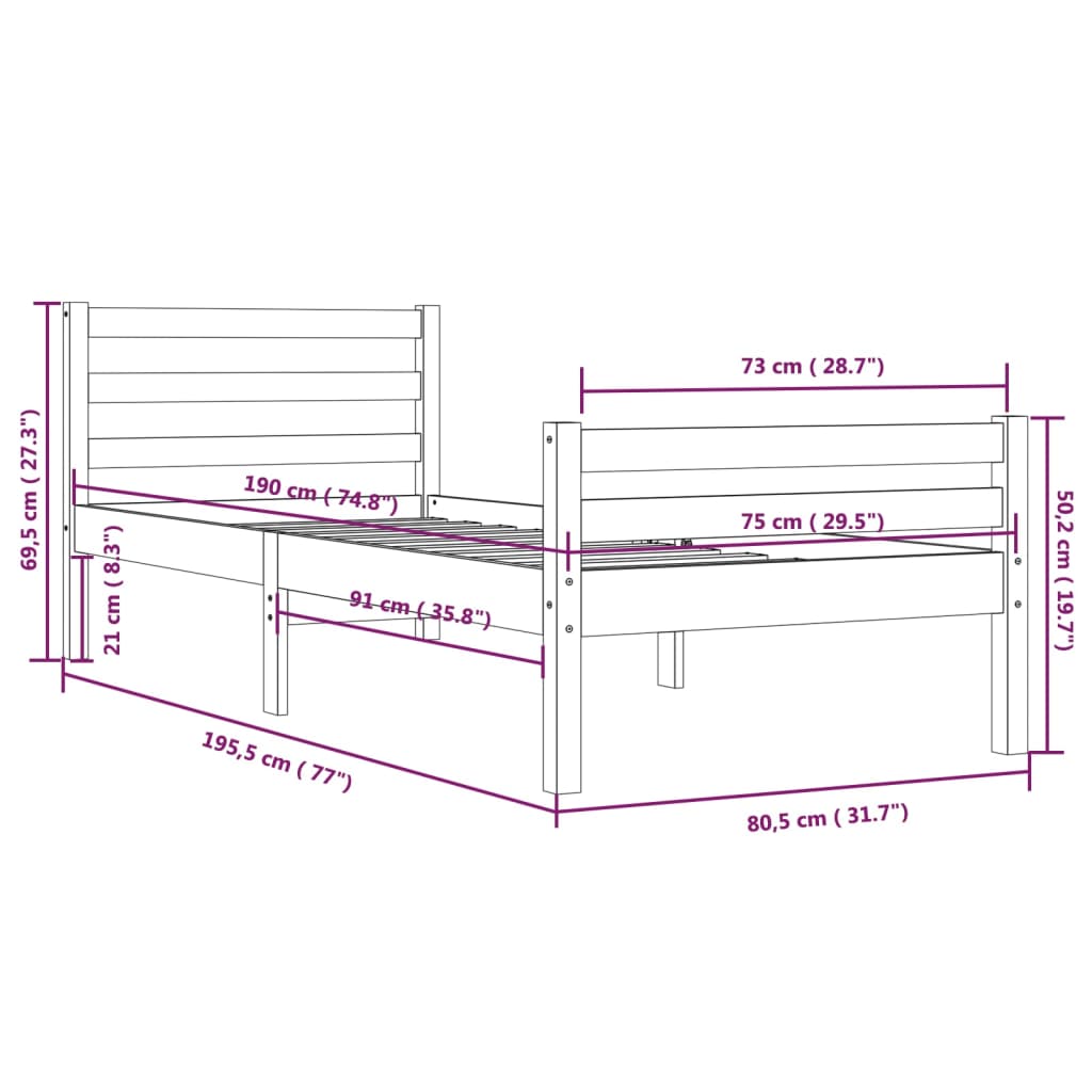 Estrutura de cama pequena solteiro 75x190 cm madeira maciça