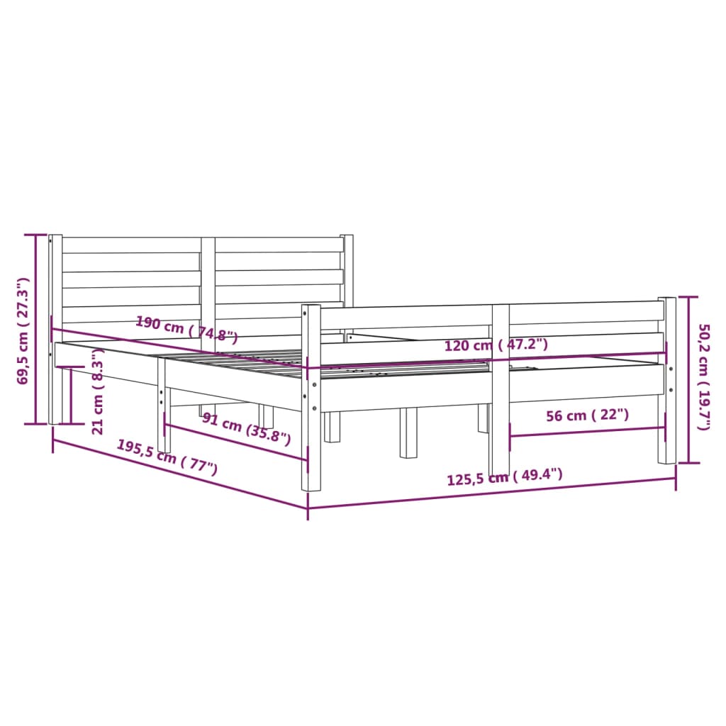 Estrutura cama pequena casal 120x190 cm pinho maciço branco