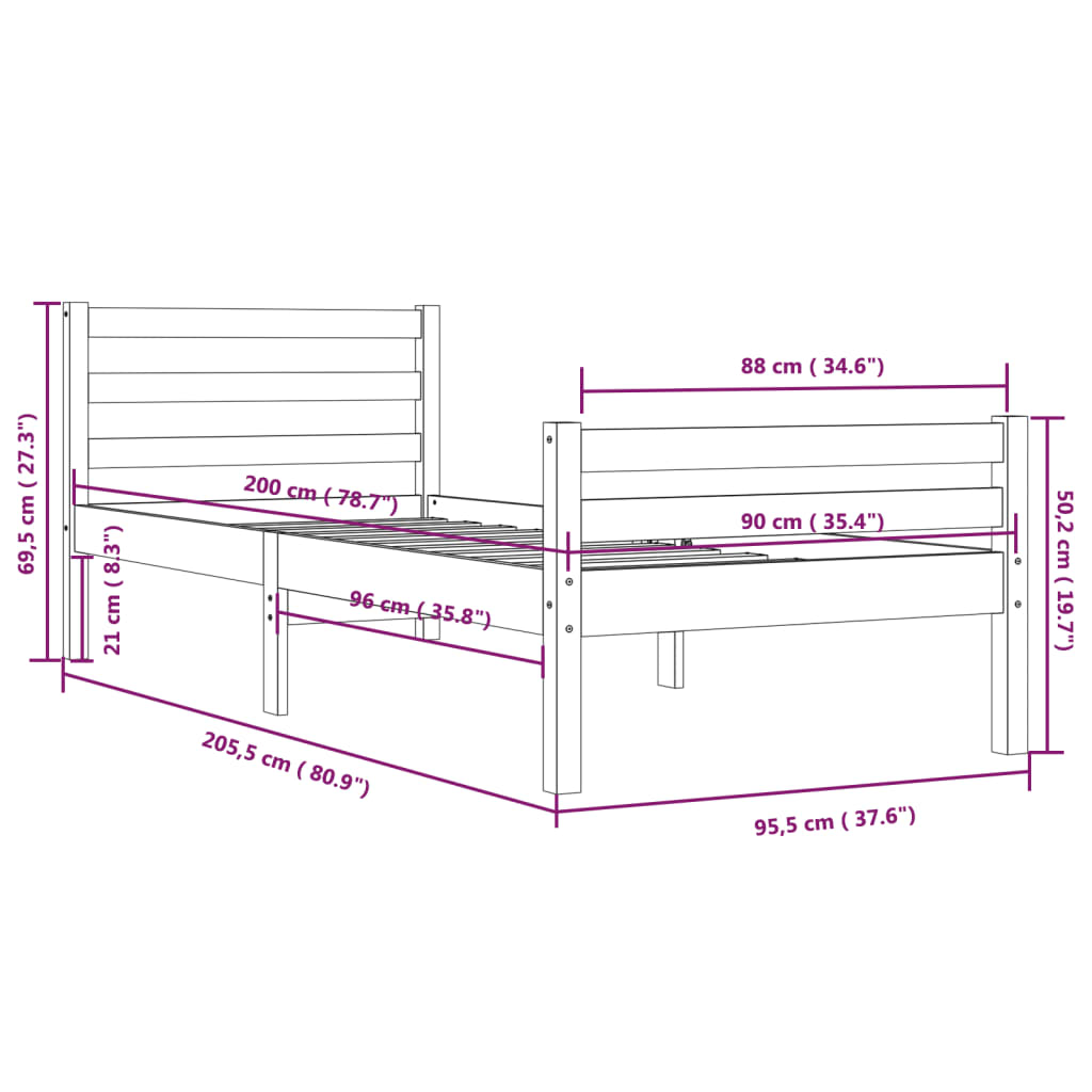 Estrutura de cama 90x200 cm madeira maciça branco