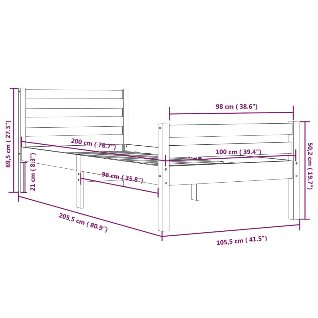 Estrutura de cama 100x200 cm madeira maciça branco