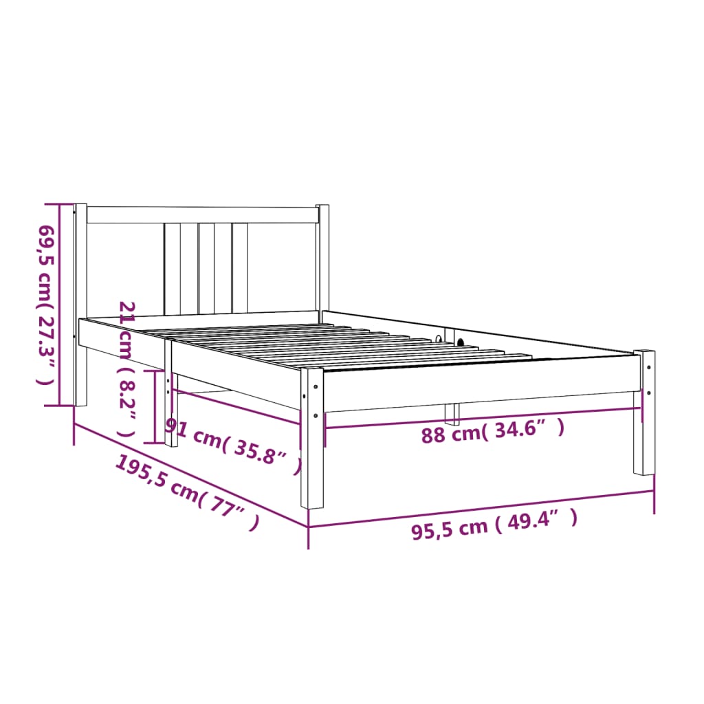 Estrutura de cama solteiro 90x190 cm madeira maciça preto