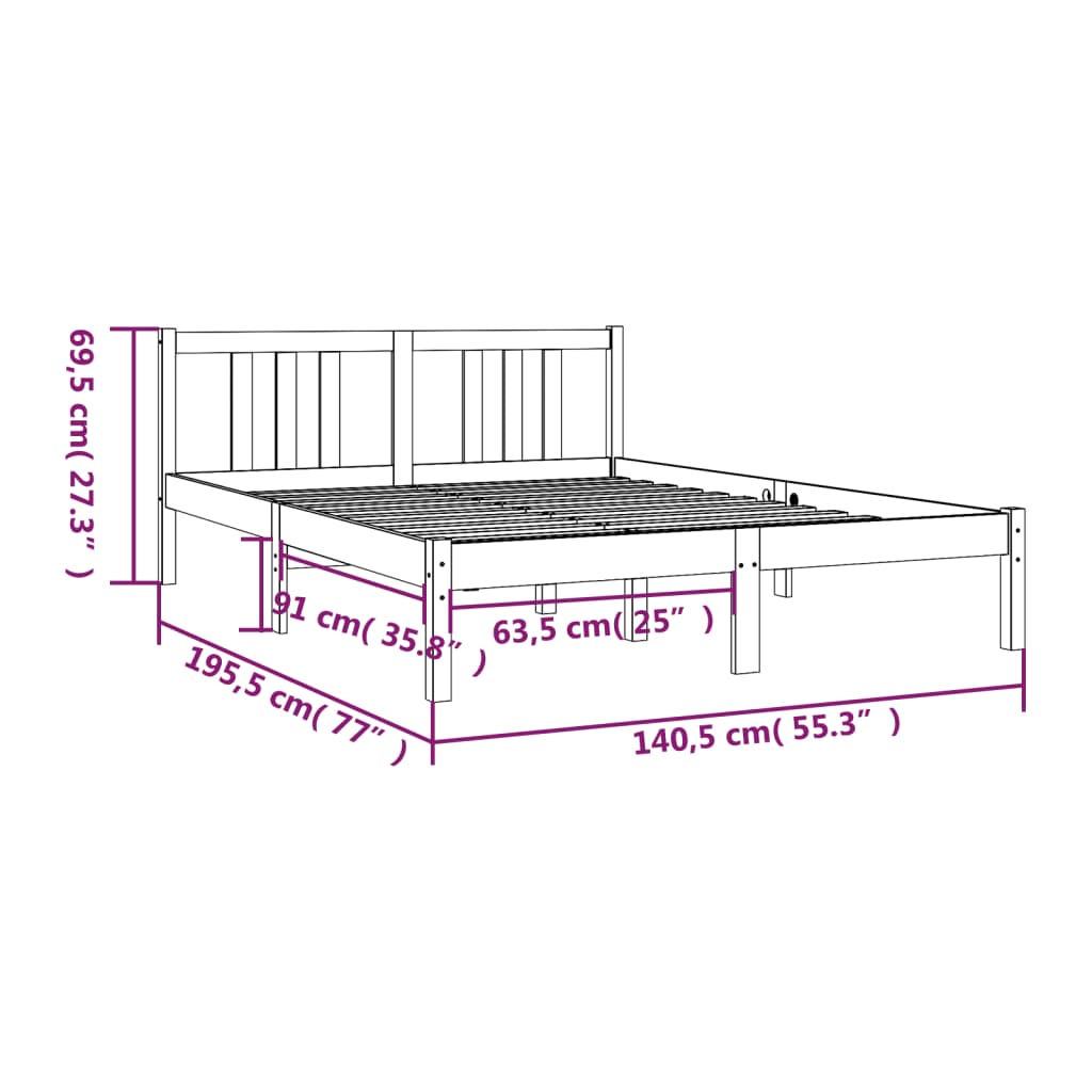 Estrutura de cama casal 135x190 cm madeira maciça cinzento