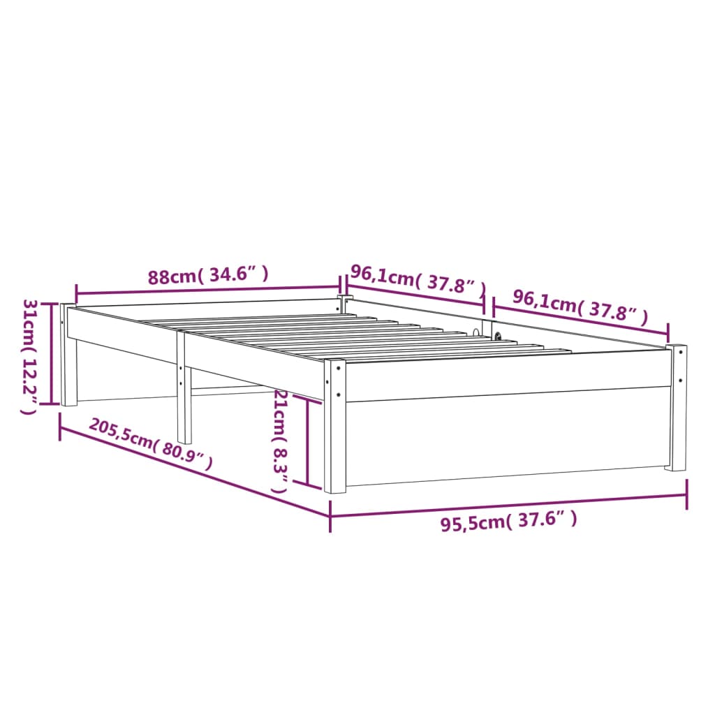 Estrutura de cama 90x200 cm madeira maciça