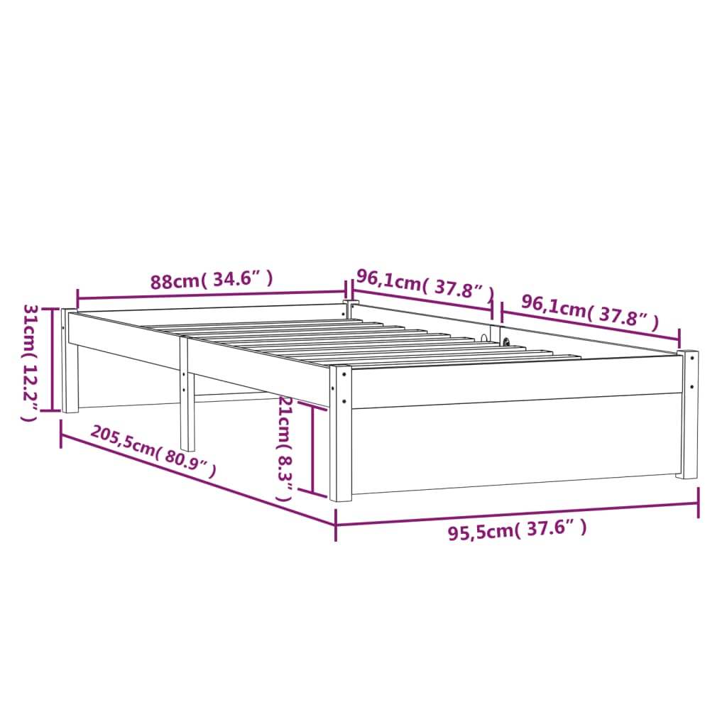 Estrutura de cama 90x200 cm madeira maciça preto