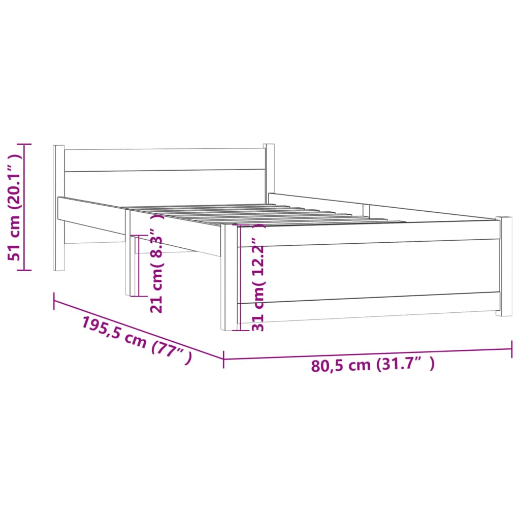 Estrutura cama pequena solteiro 75x190 cm madeira castanho mel