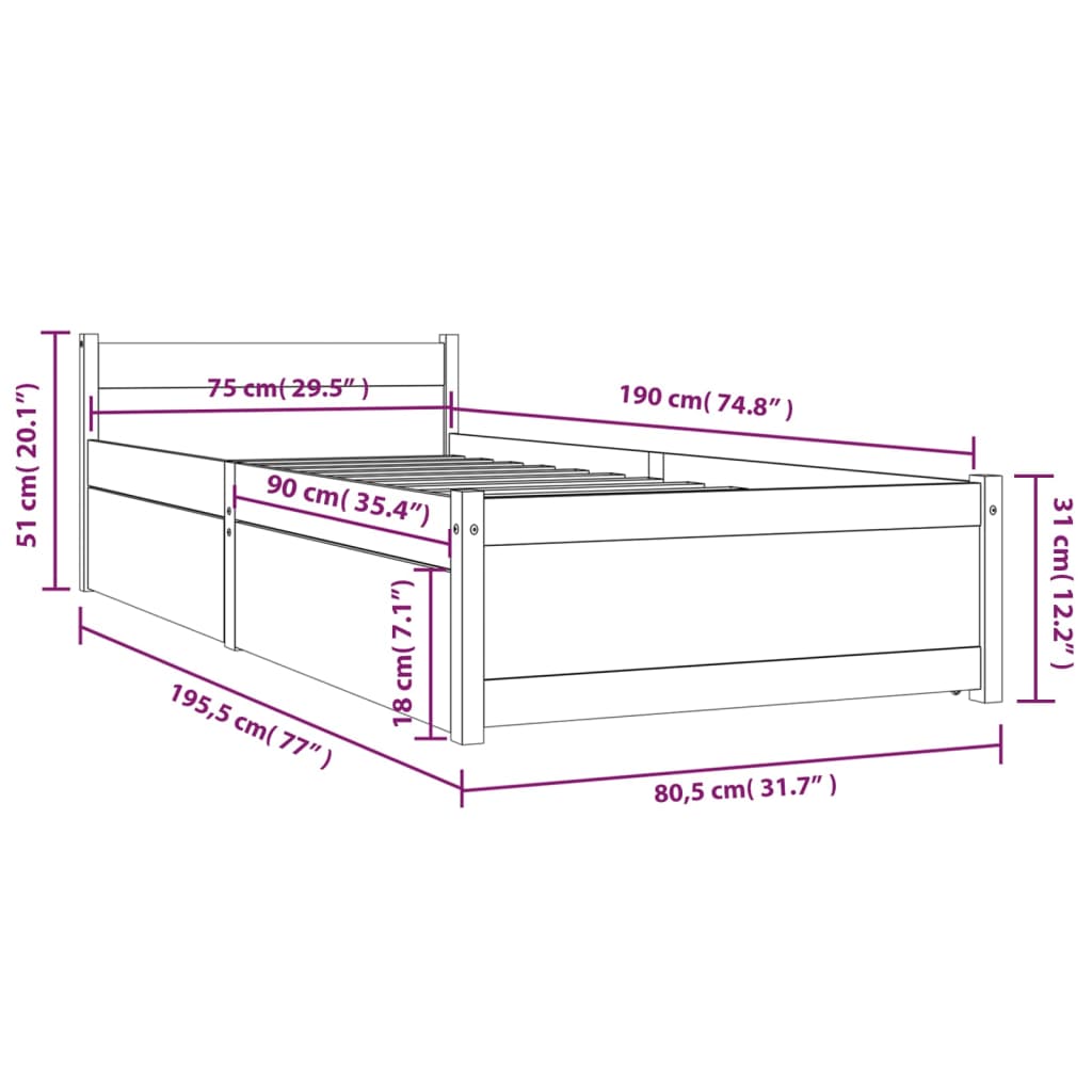 Estrutura cama de solteiro pequena c/ gavetas 75x190 cm branco