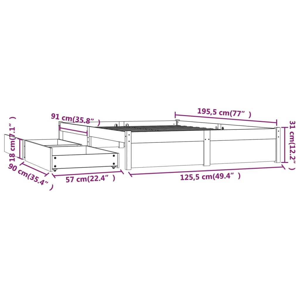 Estrutura de cama c/ gavetas 120x190cm pequena casal branco