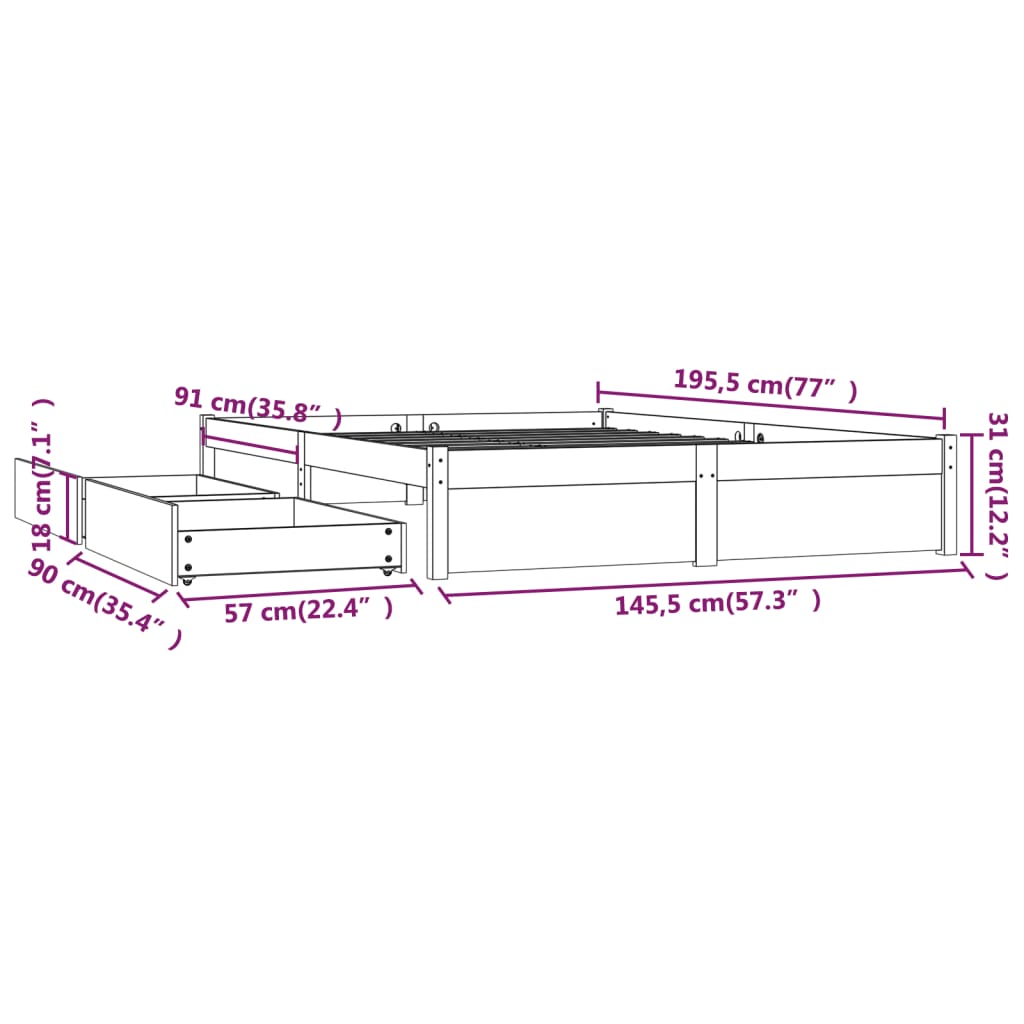 Estrutura de cama c/ gavetas 140x190 cm preto