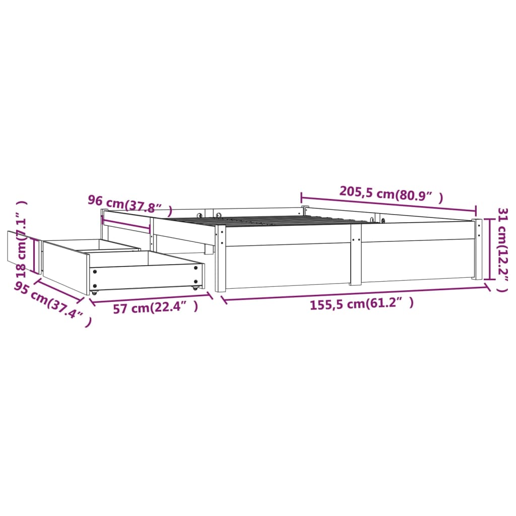 Estrutura de cama com gavetas 150x200 cm tamanho King