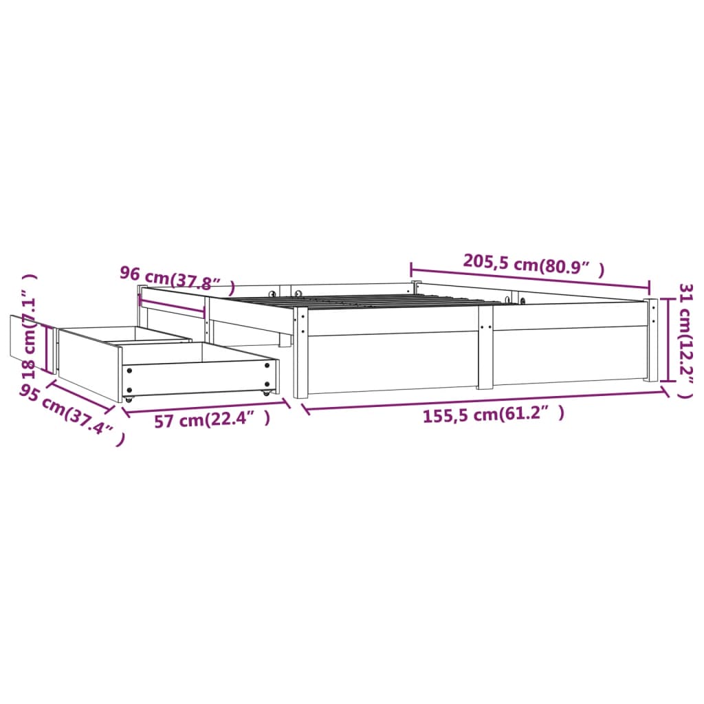 Estrutura de cama com gavetas 150x200cm tamanho King branco