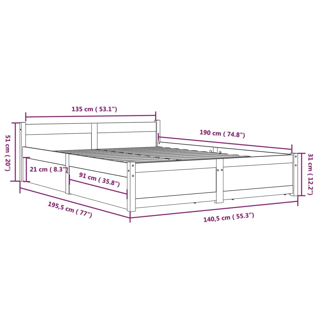 Estrutura de cama com gavetas 135x190 cm casal branco