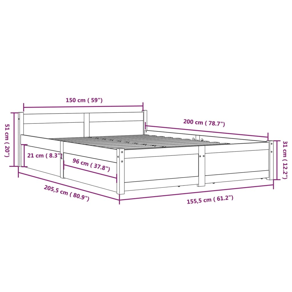 Estrutura de cama com gavetas 150x200cm tamanho King branco