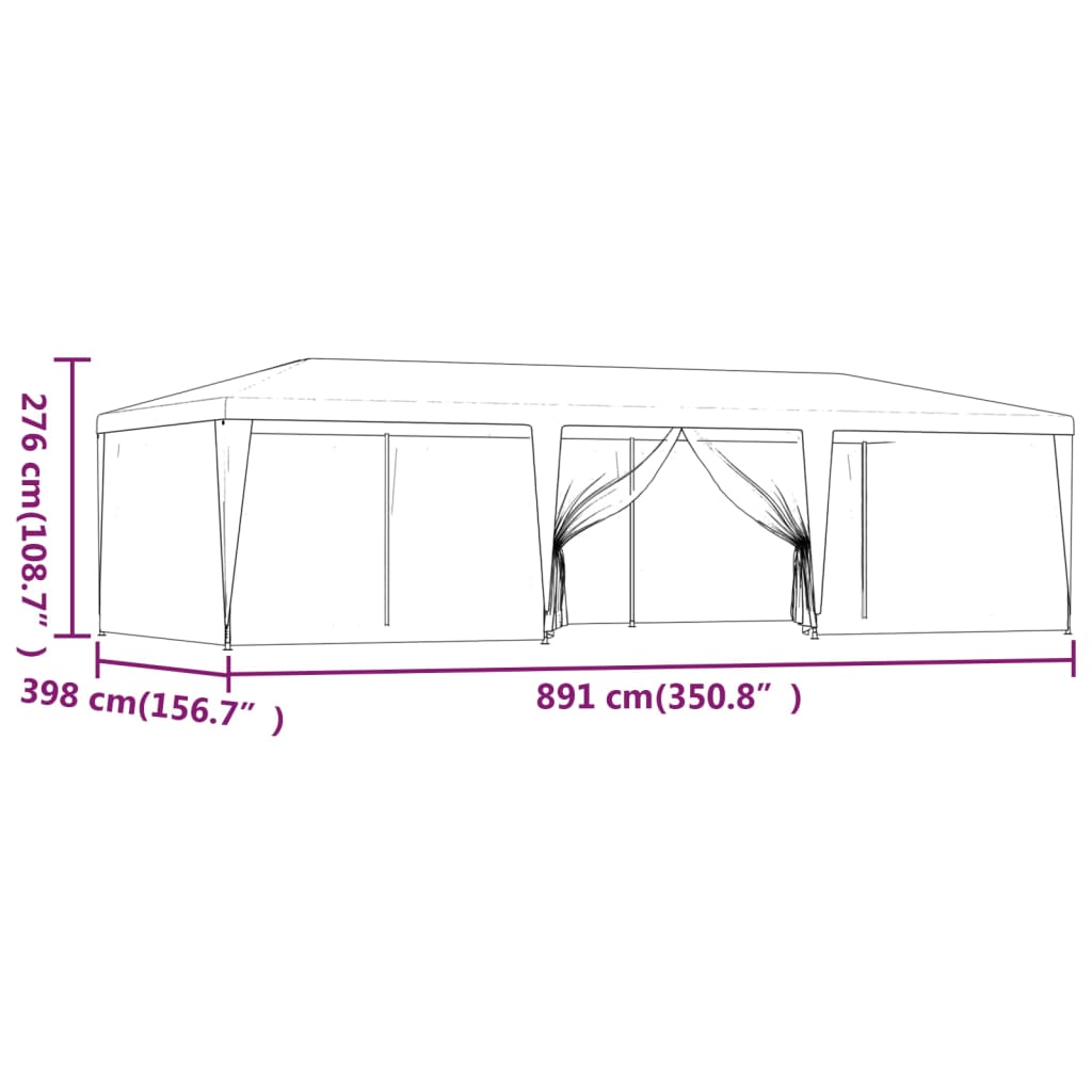 Tenda p/ festas c/ 8 paredes laterais rede 9x4 m PEAD vermelho