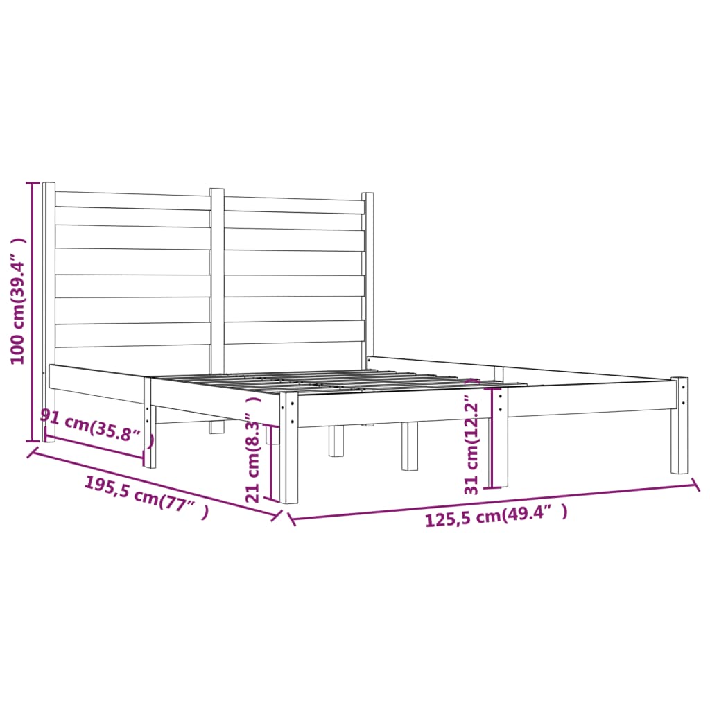 Estrutura de cama dupla pequena 4FT 120x190 cm pinho maciço