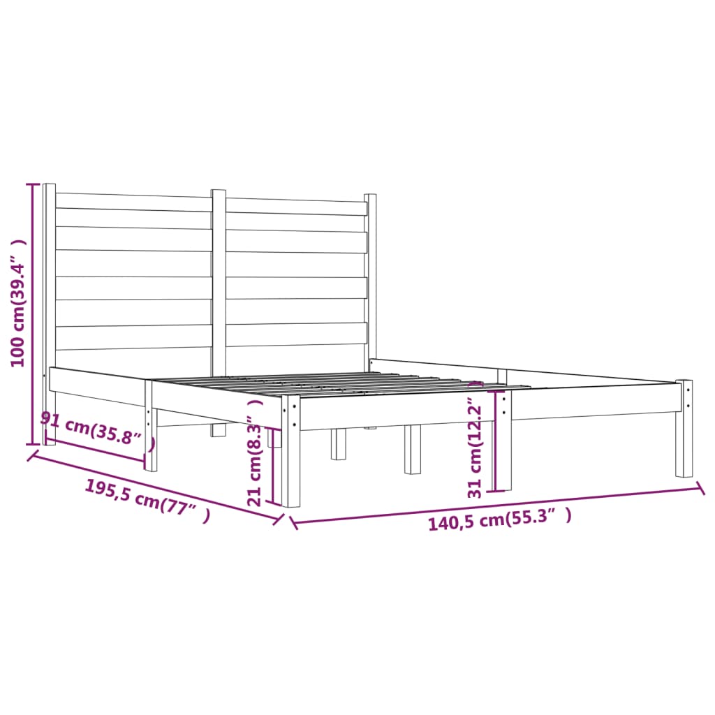 Estrutura de cama casal 135x190 cm pinho maciço cinza