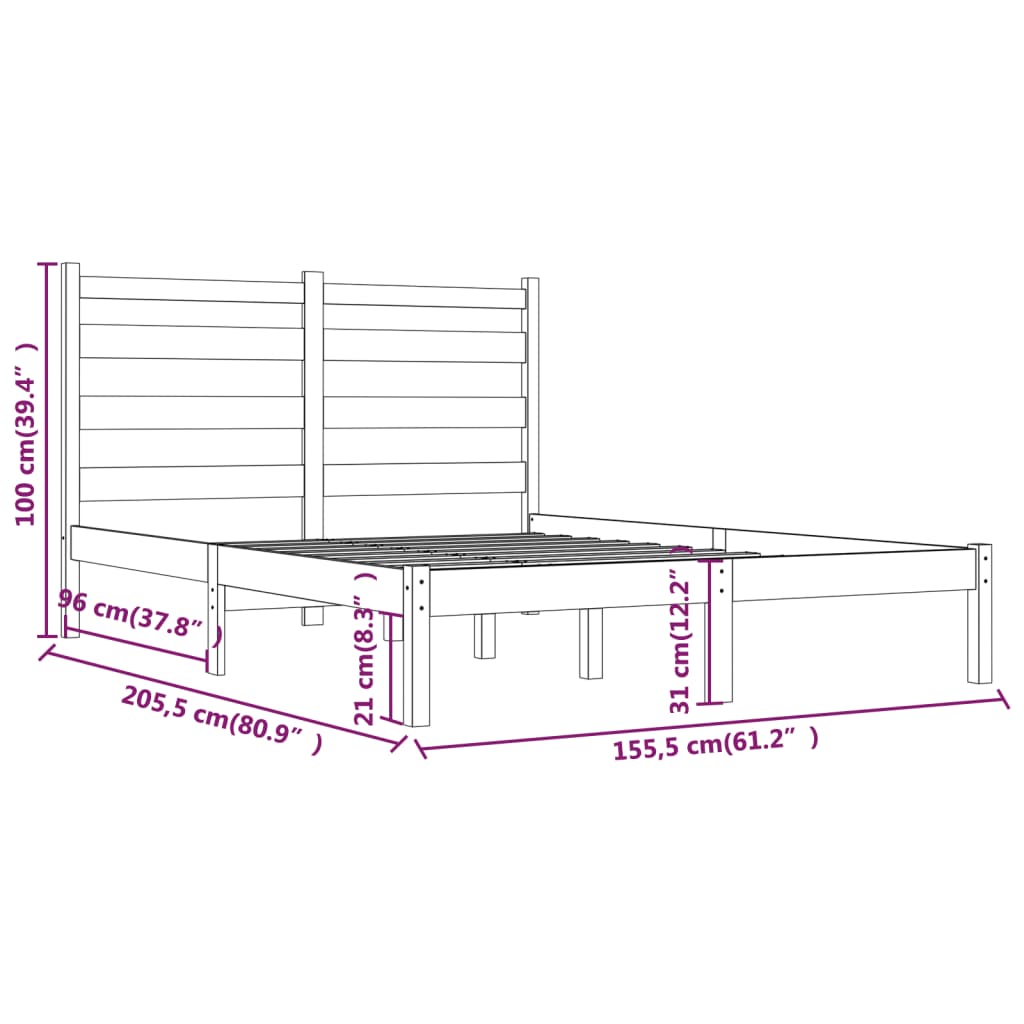 Estrutura de cama king 150x200 cm pinho maciço cinzento