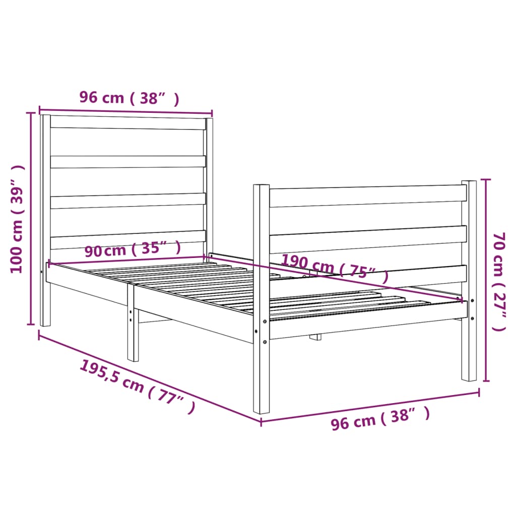 Estrutura de cama solteiro 90x190 cm pinho maciço branco