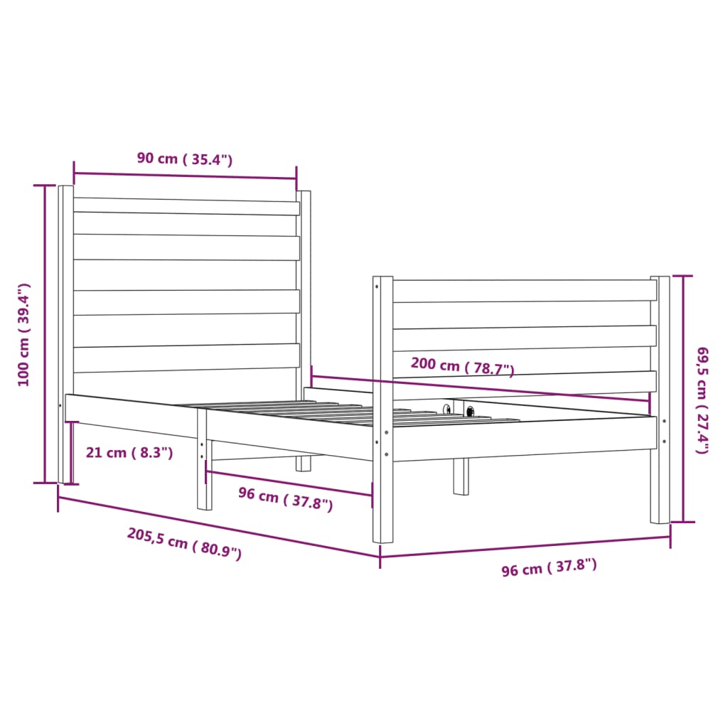 Estrutura de cama 90x200 cm pinho maciço branco