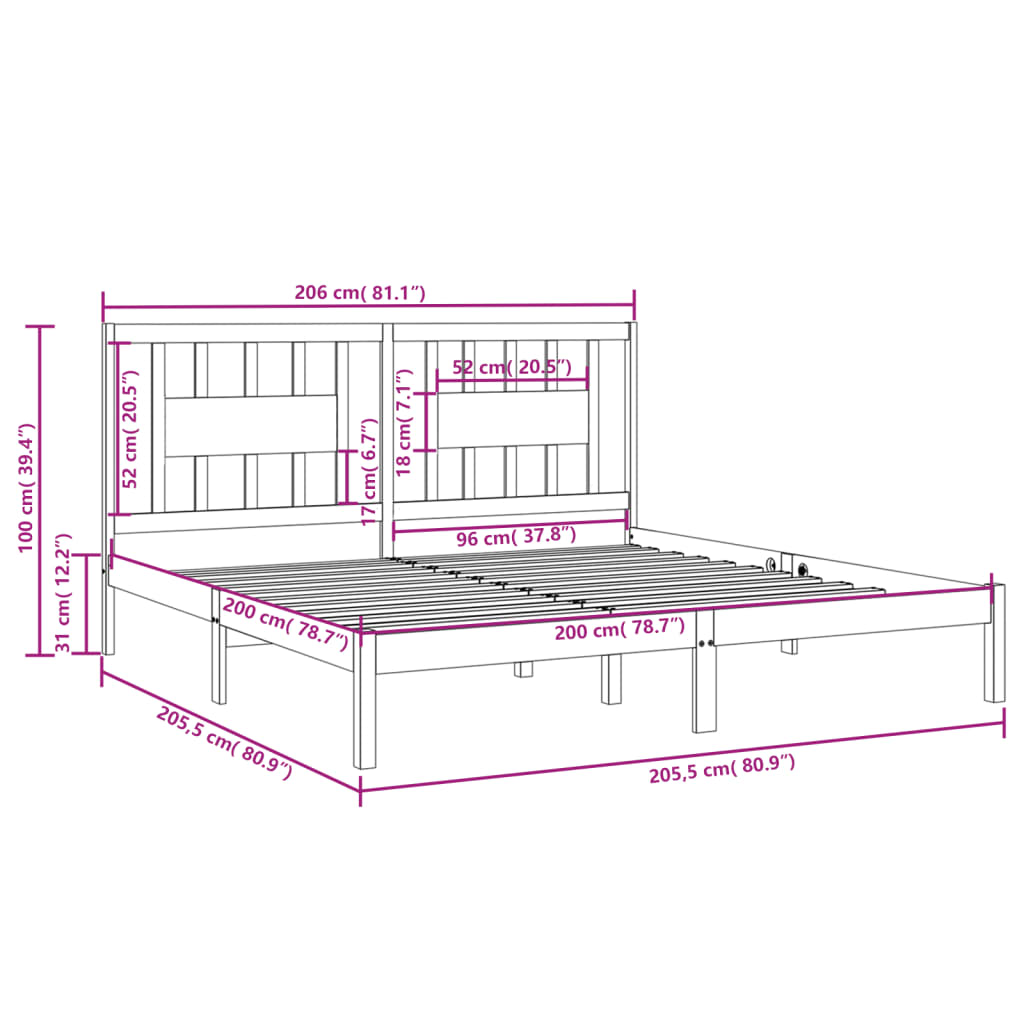 Estrutura de cama 200x200 cm pinho maciço preto