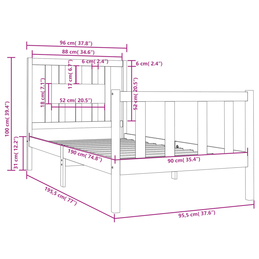 Estrutura de cama solteiro 90x190 cm madeira maciça