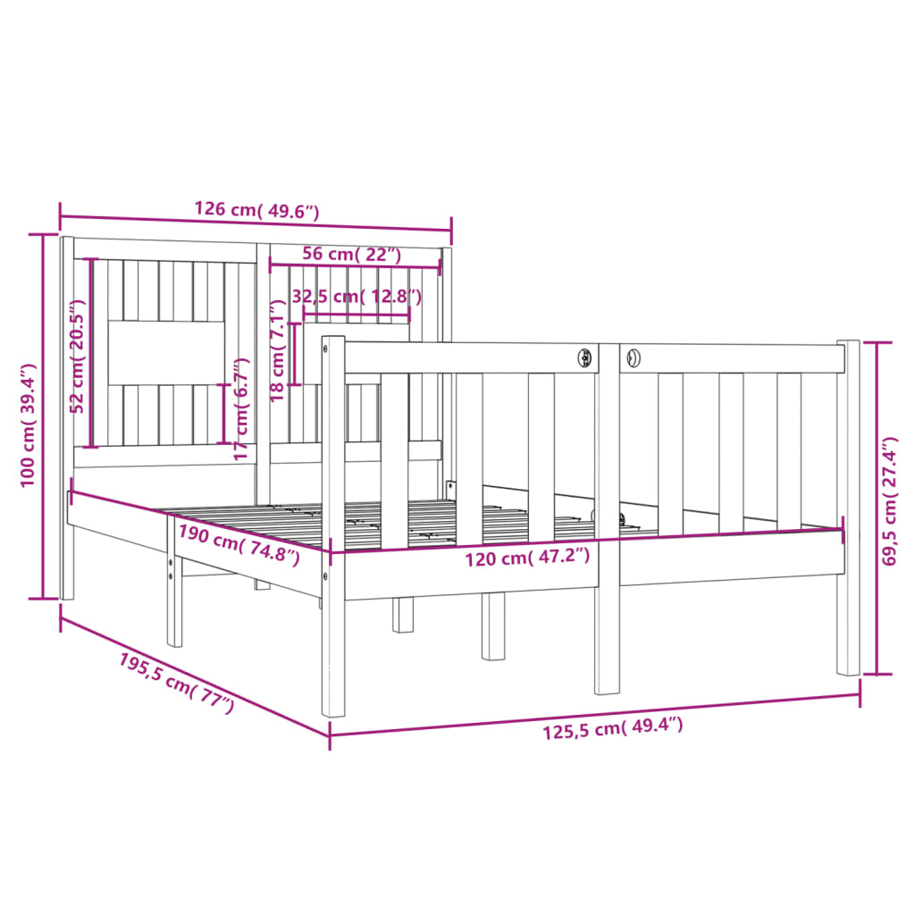 Estrutura de cama dupla pequena 4FT 120x190 cm madeira maciça