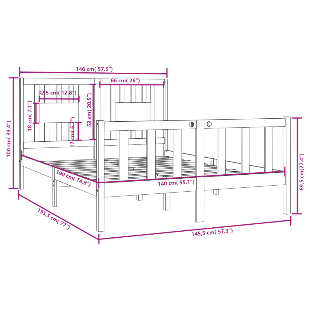 Estrutura de cama 140x190 cm madeira maciça preto