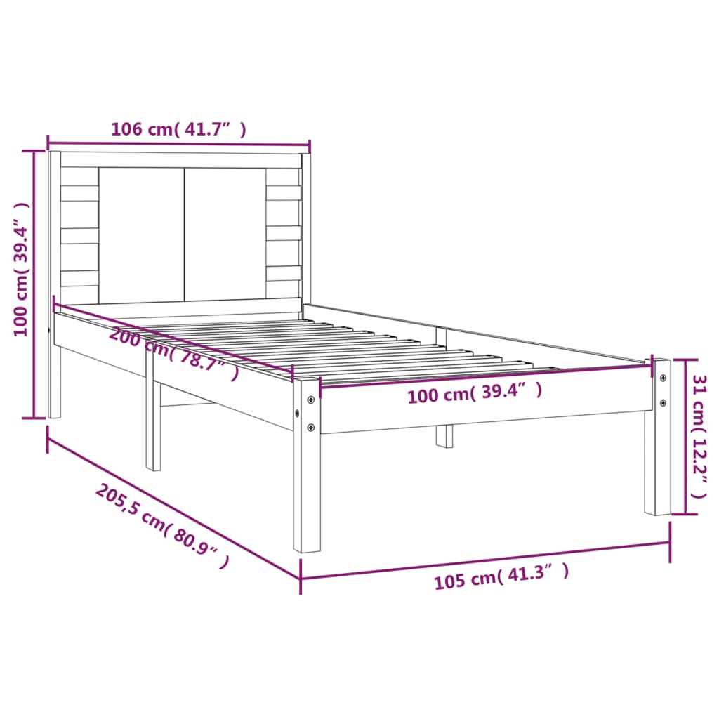 Estrutura de cama 100x200 cm pinho maciço cinzento