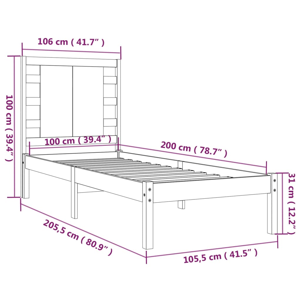 Estrutura de cama 100x200 cm pinho maciço preto