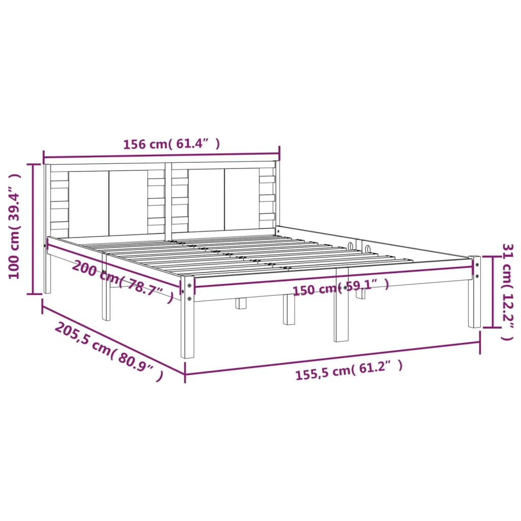 Estrutura de cama king 150x200 cm madeira maciça cinzento