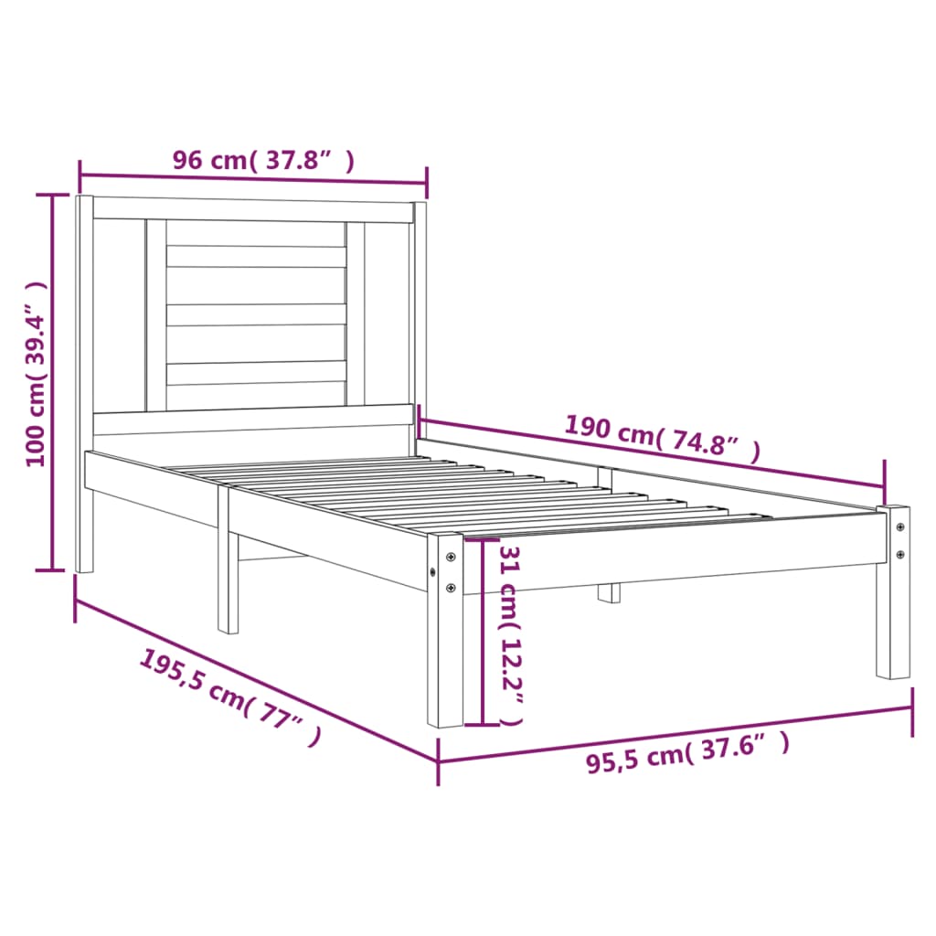 Estrutura cama solteiro 90x190 cm pinho maciço branco