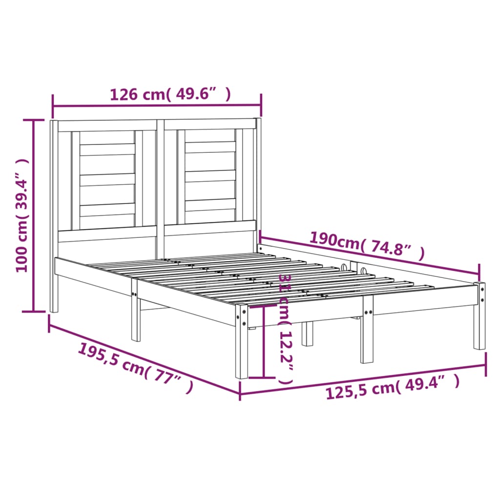 Estrutura de cama dupla pequena 4FT 120x190 cm madeira maciça