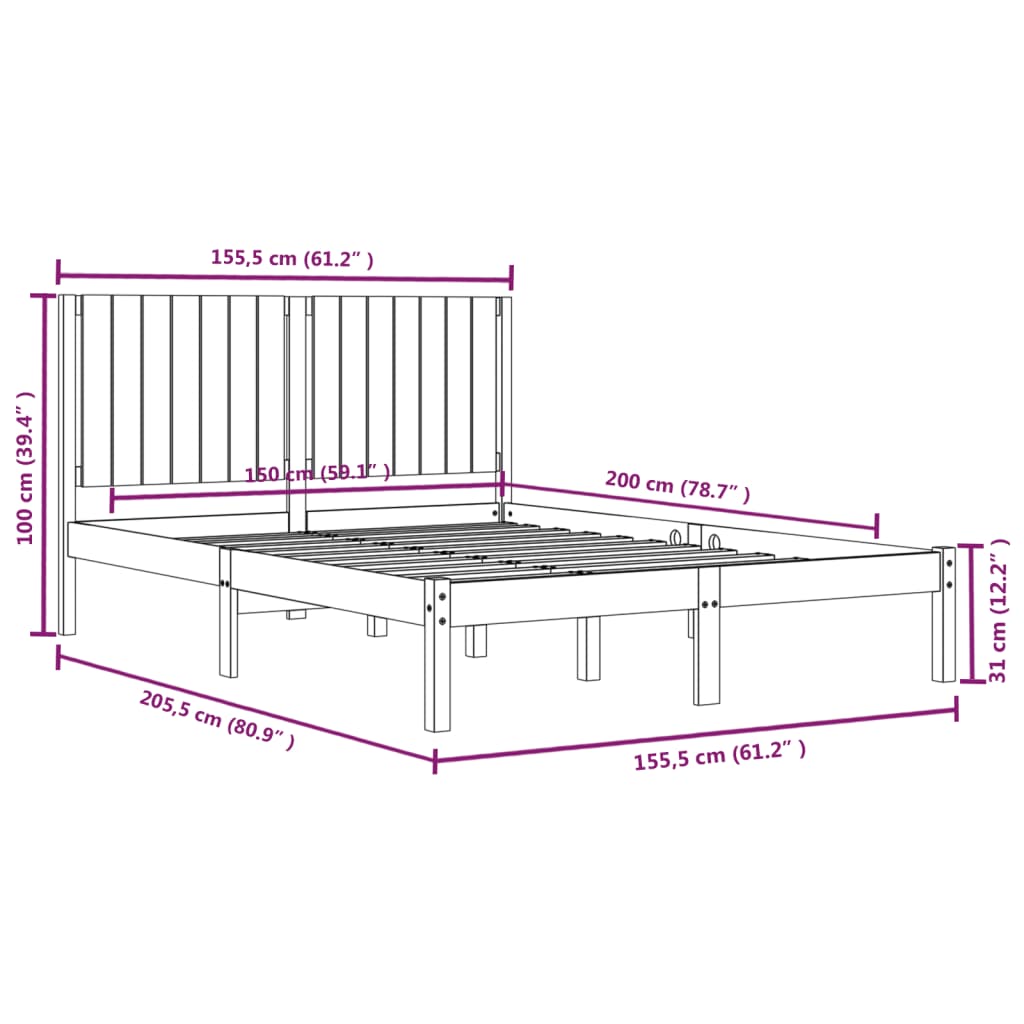 Estrutura de cama king 150x200 cm madeira maciça preto