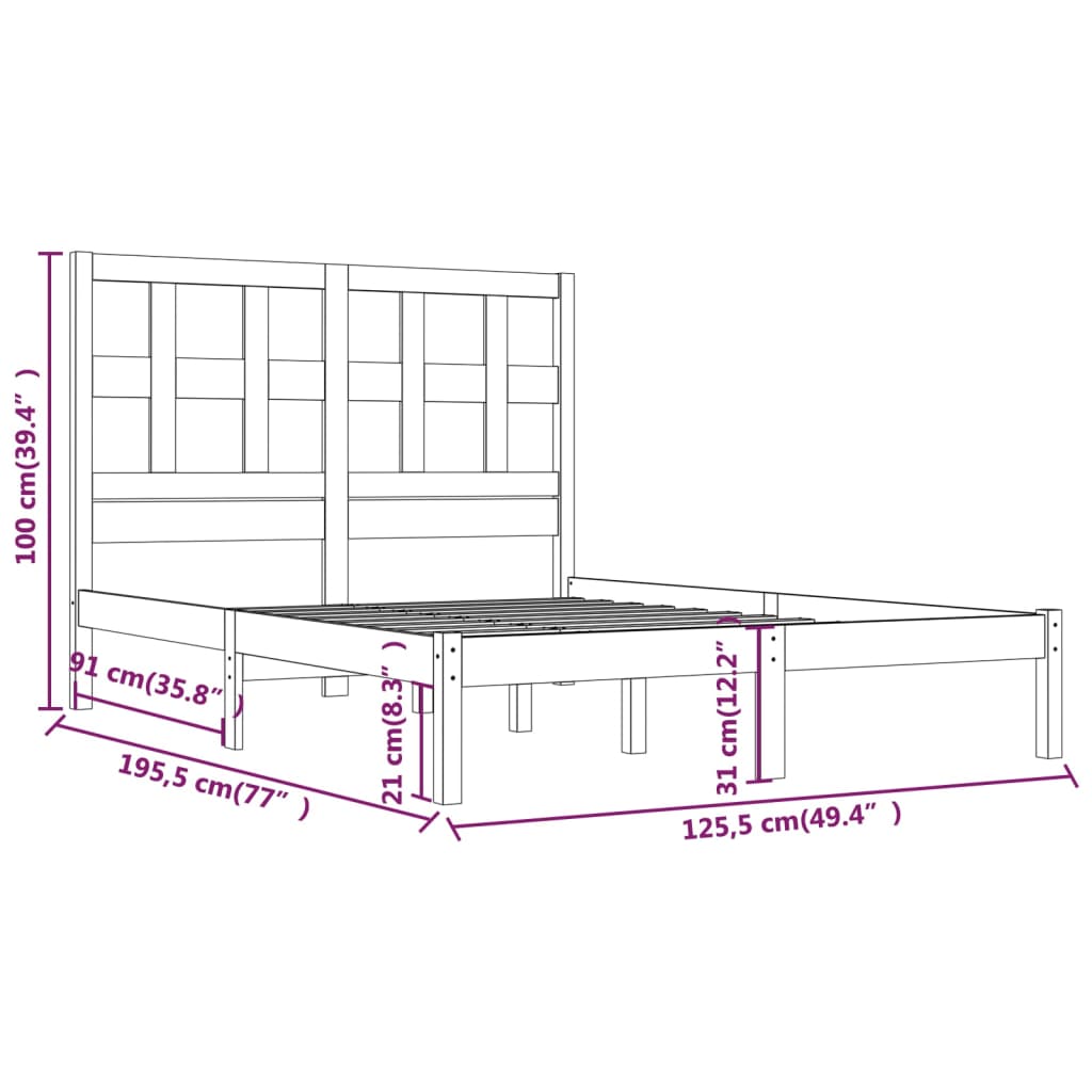 Estrutura de cama dupla pequena 4FT 120x190 cm pinho maciço