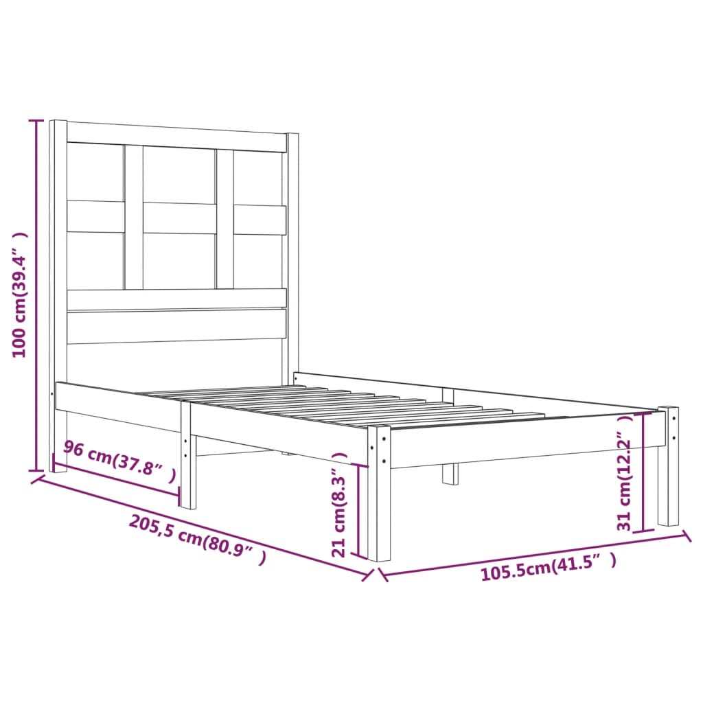 Estrutura de cama 100x200 cm pinho maciço preto